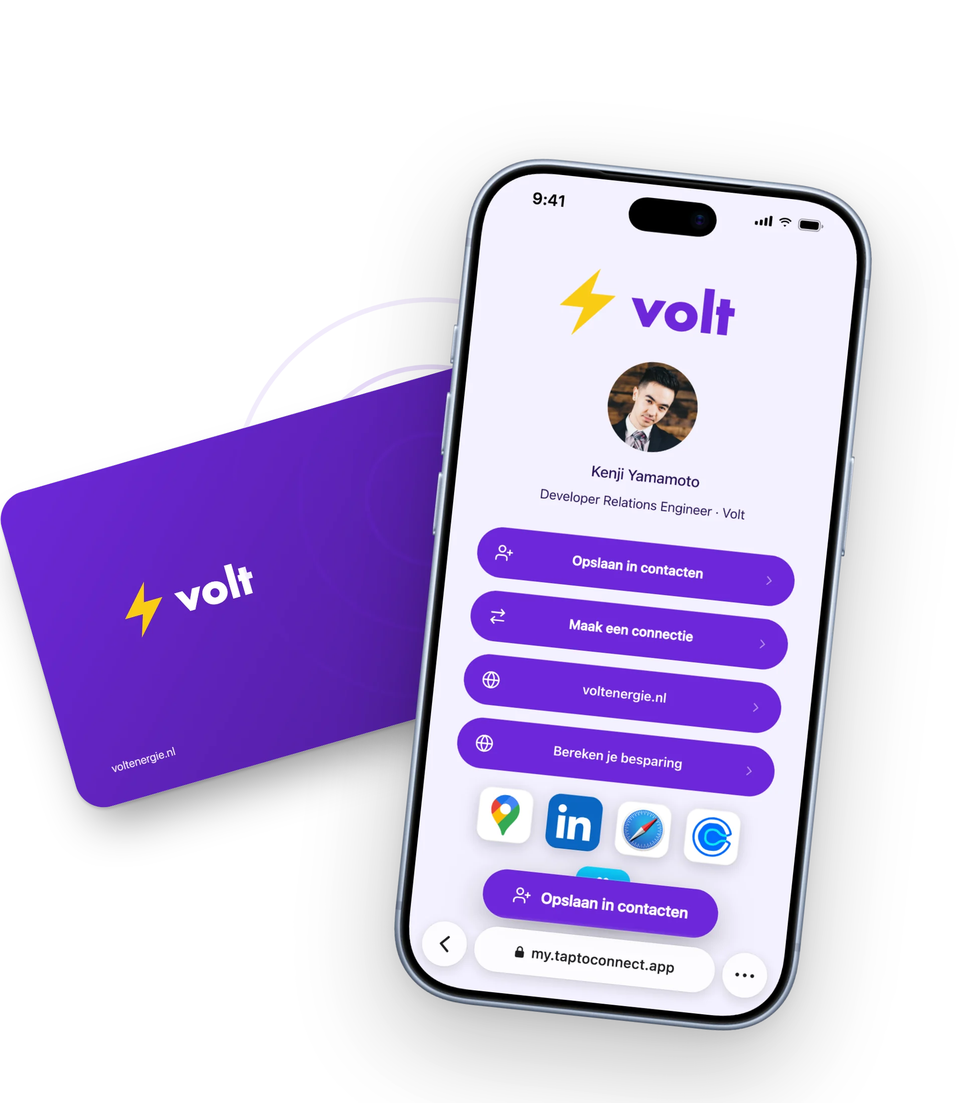 Digitaal visitekaartje van Volt op een iPhone