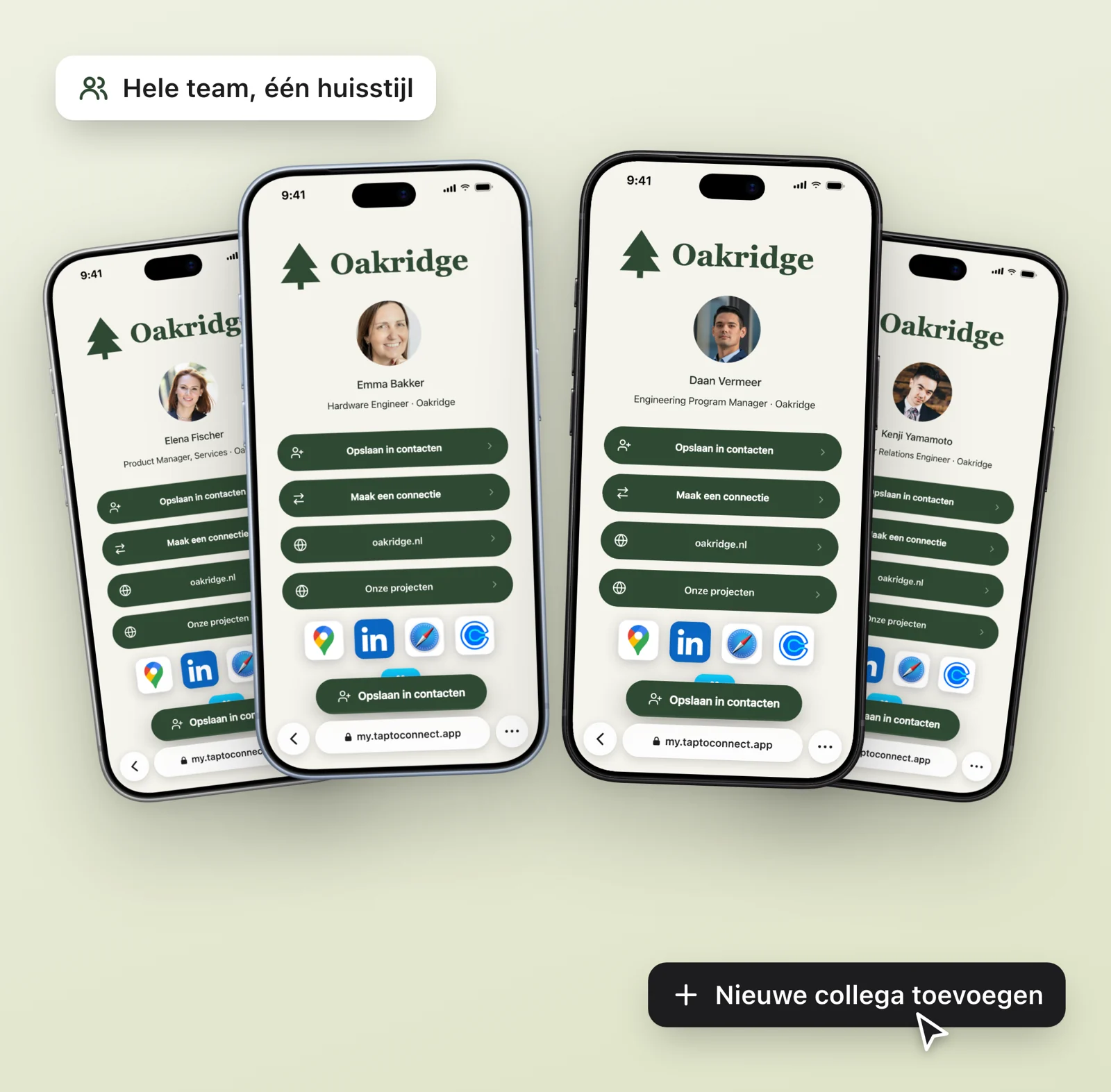 Profielen van een heel team in de huisstijl van Oakridge